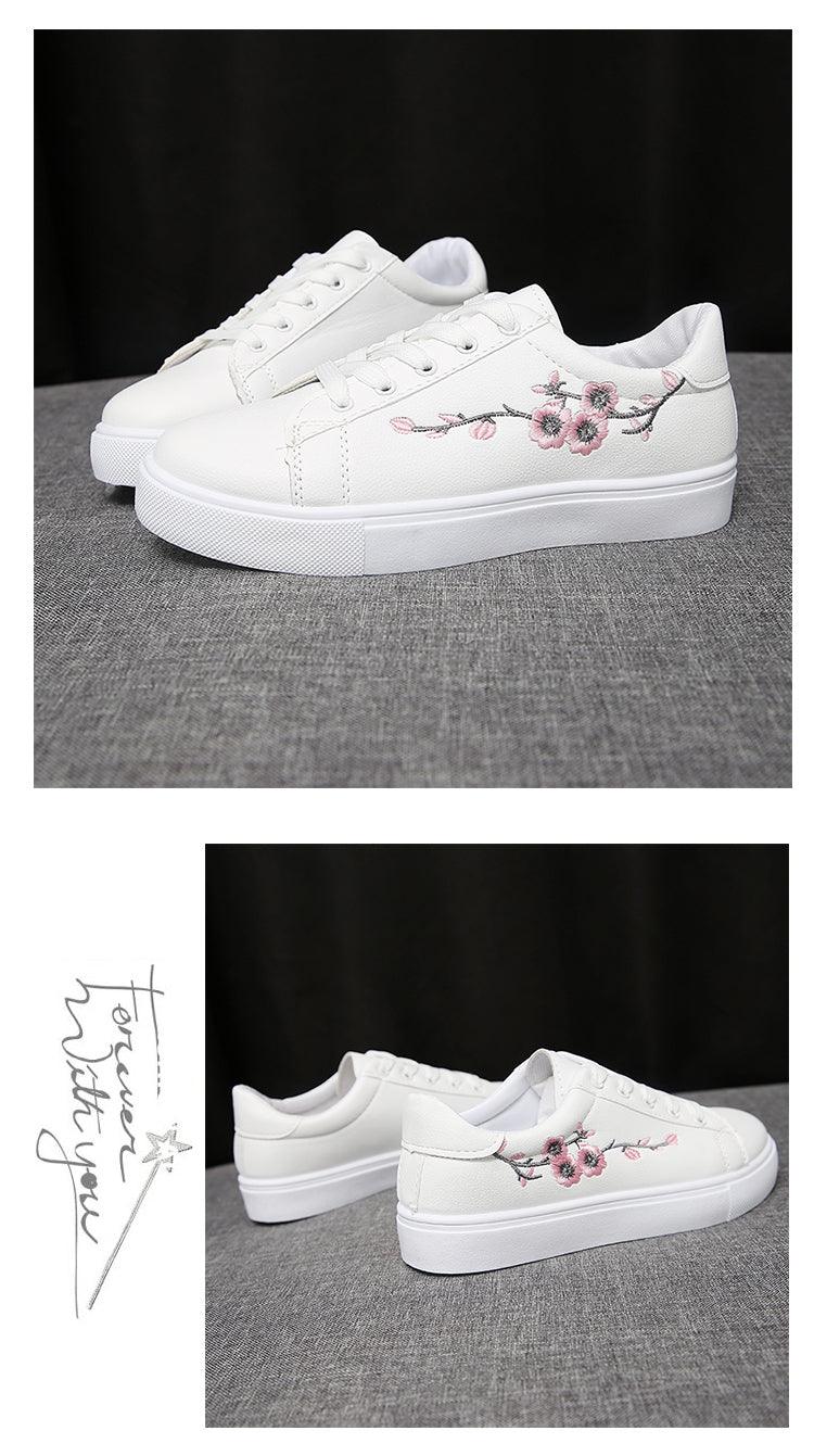 White PU leather platform sneakers by Stevvex with floral embroidery, lace-up walking shoes on Tampa Home & Garden Store