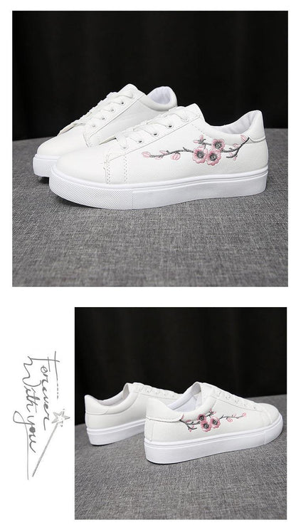 White PU leather platform sneakers by Stevvex with floral embroidery, lace-up walking shoes on Tampa Home & Garden Store