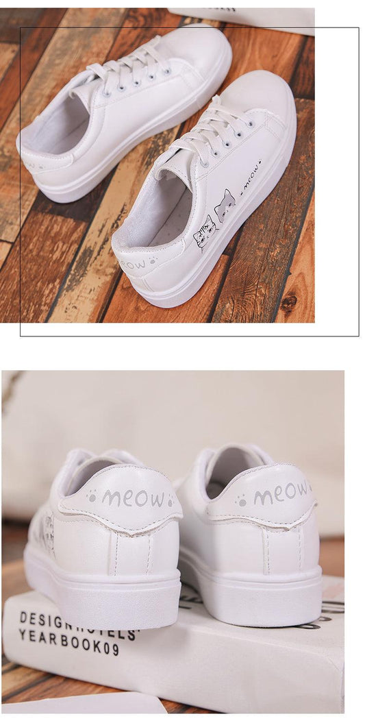 Stevvex white leather platform sneakers for women, lace-up casual white PU with cat graphics pair on Tampa Home & Garden Store