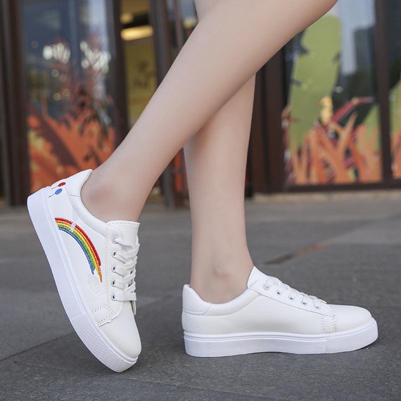 Stevvex white leather platform sneakers for women with rainbow embroidery on the side pair on Tampa Home & Garden Store