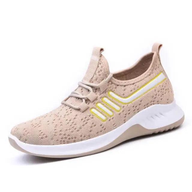 Stevvex Spring Flat Women’s Sneakers beige knit mesh upper, lace-up, yellow side stripes on Tampa Home & Garden Store