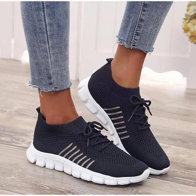 Stevvex Spring Flat Womens Sneakers black knit mesh lace-up with white sole on Tampa Home & Garden Store