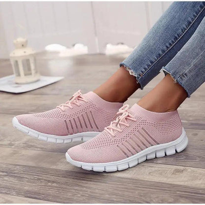 Spring Flat Women’s Sneakers pink knit mesh breathable with white sole a pair on Tampa Home & Garden Store