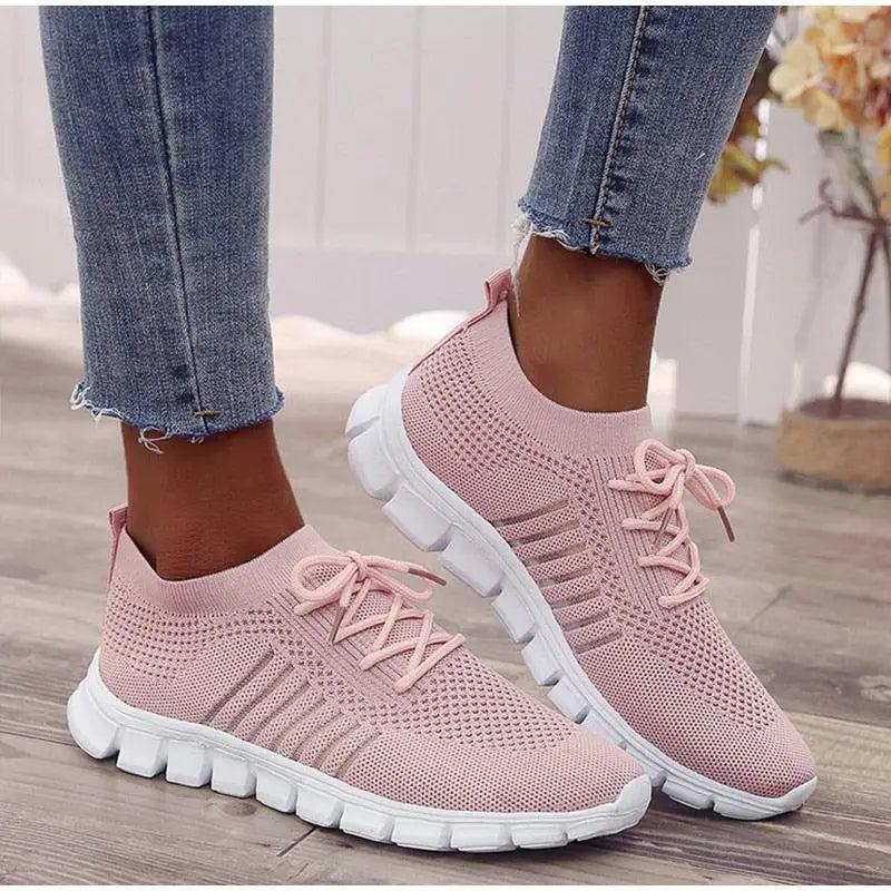 Spring Flat Women's Sneakers Stevvex knit mesh pink with white sole pair casual footwear on Tampa Home & Garden Store