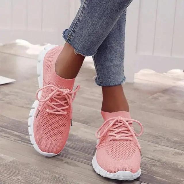 Spring Flat pink mesh women's sneakers lace-up sport shoes with white sole Stevvex on Tampa Home & Garden Store