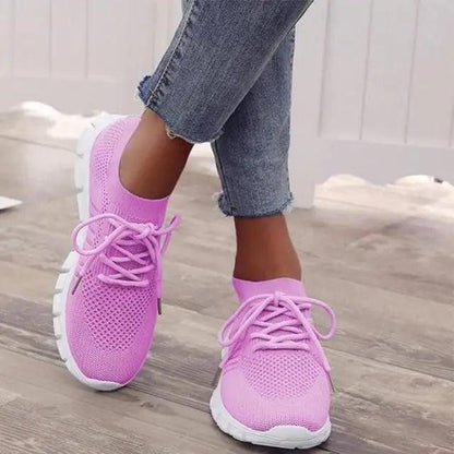 Spring Flat Women's Sneakers ST12303JYR pink mesh knit lace-up pair with white sole on Tampa Home & Garden Store