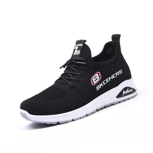 Spring Flat Womens Sneakers Stevvex, black knit upper, white sole, breathable casual shoes on Tampa Home & Garden Store