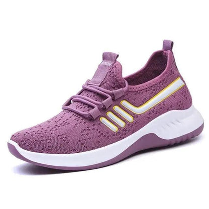 Stevvex Spring Flat Women's Sneakers purple breathable mesh with white midsole and yellow side stripes on Tampa Home & Garden Store