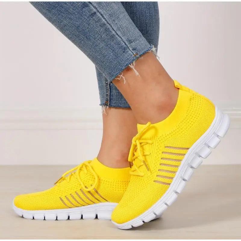 Spring Flat Womens Sneakers ST12303JYR by Stevvex in bright yellow knit mesh with breathable upper and white sole on Tampa Home & Garden Store