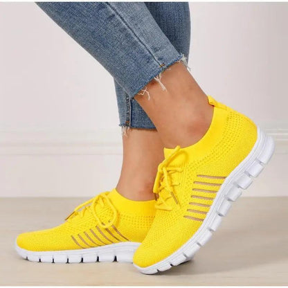 Spring Flat Womens Sneakers ST12303JYR by Stevvex in bright yellow knit mesh with breathable upper and white sole on Tampa Home & Garden Store