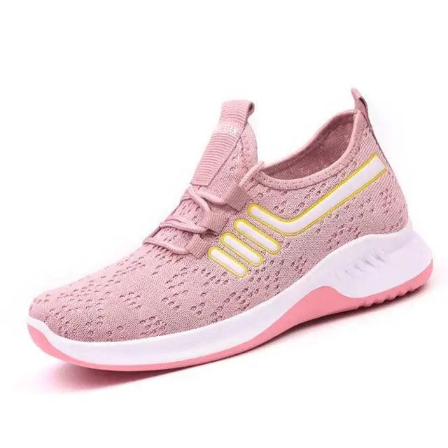 Stevvex Spring Flat women's sneakers pink mesh upper with yellow side stripes white midsole on Tampa Home & Garden Store