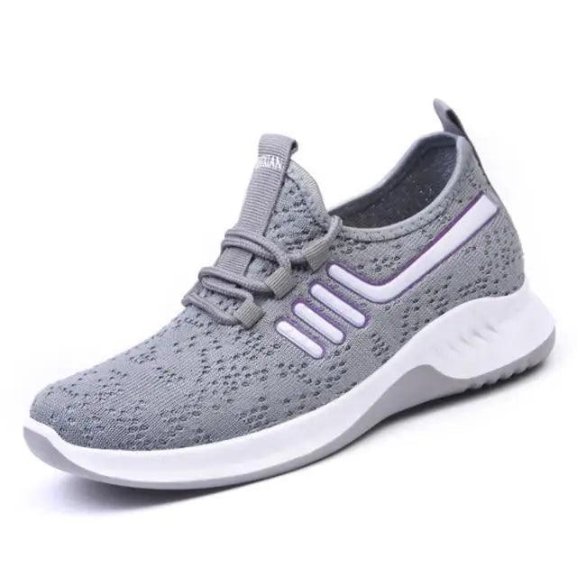 Spring Flat women's sneakers by Stevvex in light gray knit mesh with lavender stripes on Tampa Home & Garden Store
