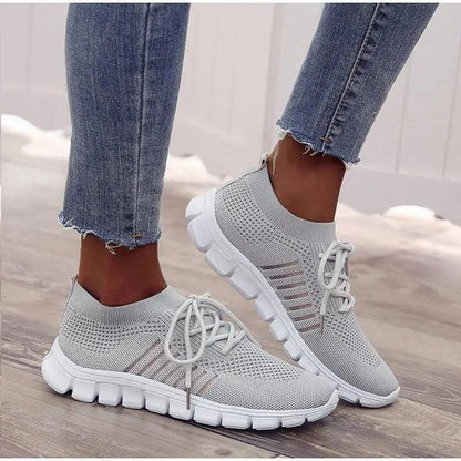 Stevvex Spring Flat Women's Sneakers gray knit mesh breathable casual athletic pair on Tampa Home & Garden Store