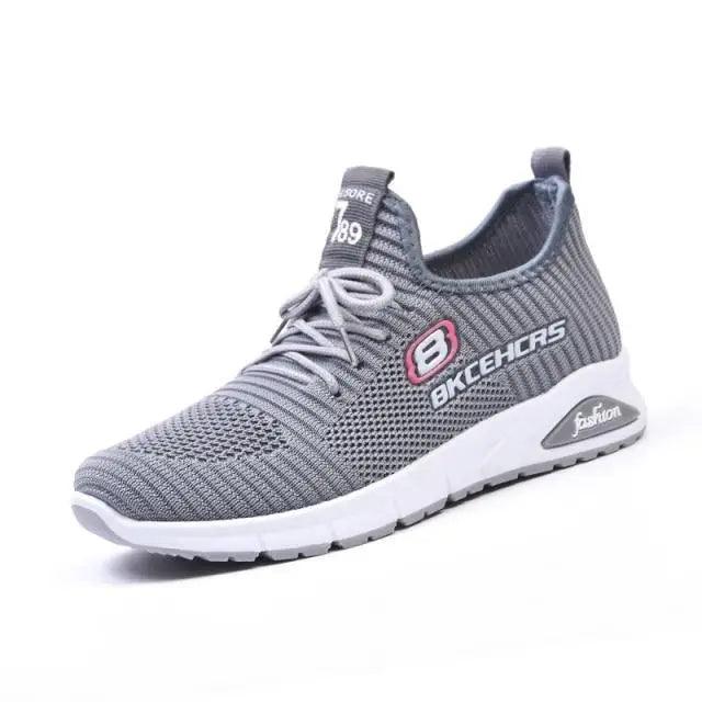 Stevvex Spring Flat Women's Sneakers grey knit mesh lace-up white sole on Tampa Home & Garden Store