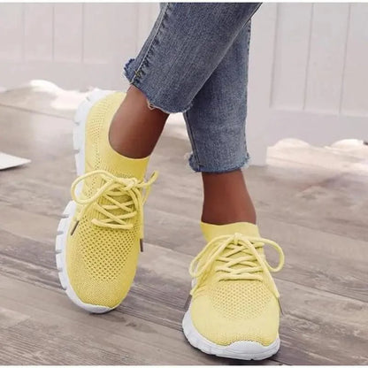 Spring Flat Women's Sneakers by Stevvex in yellow knit mesh with white sole pair on Tampa Home & Garden Store