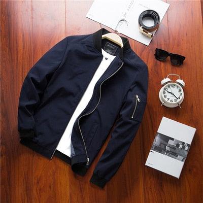 Stevvex men's slim-fit navy lightweight jacket with front zipper on wood floor on Tampa Home & Garden Store