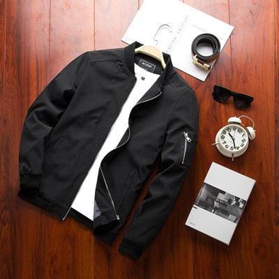 Stevvex black men's slim-fit spring jacket with white lining; belt and sunglasses visible on Tampa Home & Garden Store