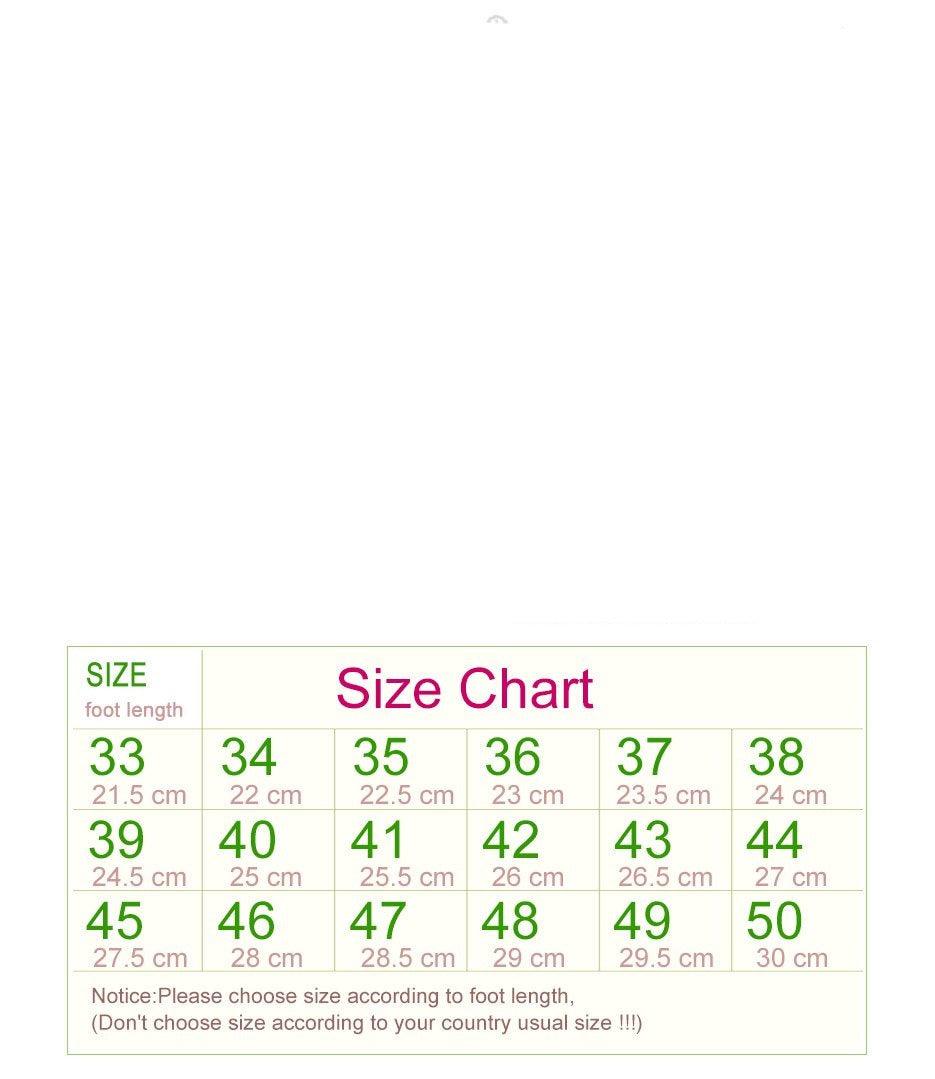 Sneakers size chart showing foot lengths 33-50 on Tampa Home & Garden Store
