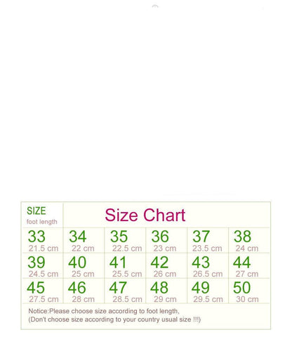 Sneakers size chart showing foot lengths 33-50 on Tampa Home & Garden Store