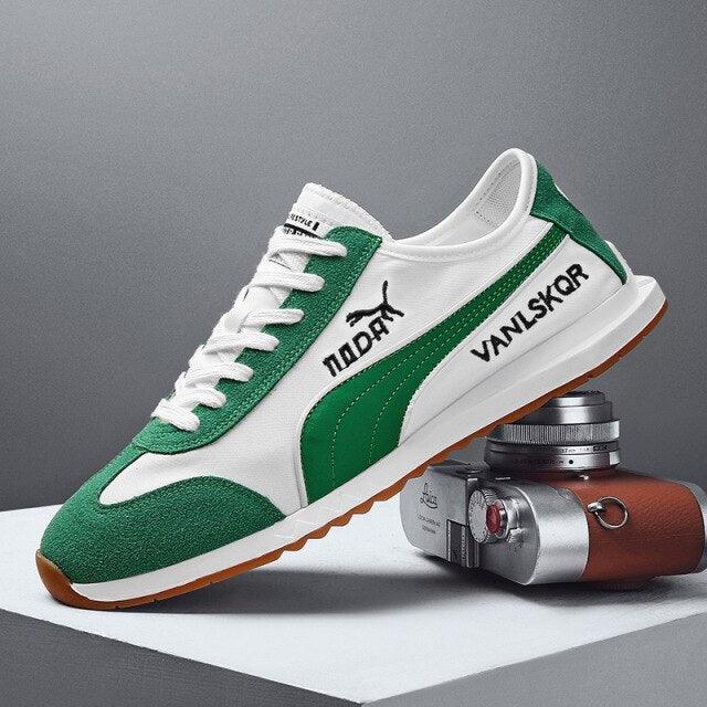 Stevvex men's sneakers, white with green suede toe and stripe, lace-up, gum sole on Tampa Home & Garden Store