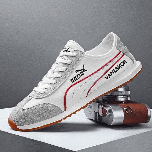 Stevvex white mesh sneakers with gray suede toe and red stripe gum sole on Tampa Store on Tampa Home & Garden Store