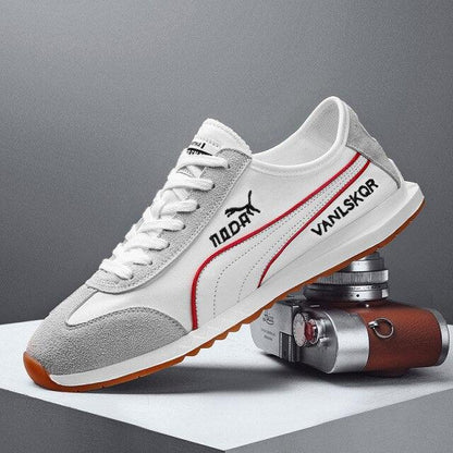 Stevvex white mesh sneakers with gray suede toe and red stripe gum sole on Tampa Store on Tampa Home & Garden Store