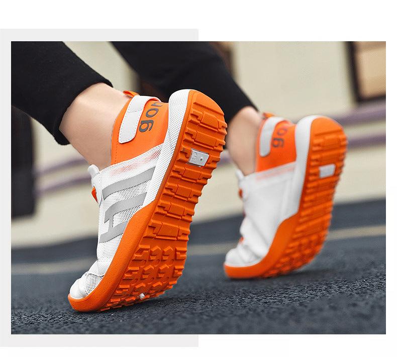 Stevvex white mesh sneakers slip-on with orange outsole and heel, breathable casual walking shoes on Tampa Home & Garden Store
