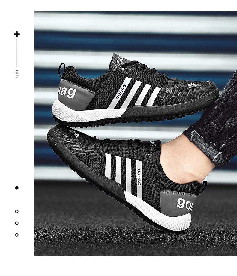 Stevvex GOHAG black mesh sneakers with white stripes, breathable casual walking shoes on Tampa Home & Garden Store