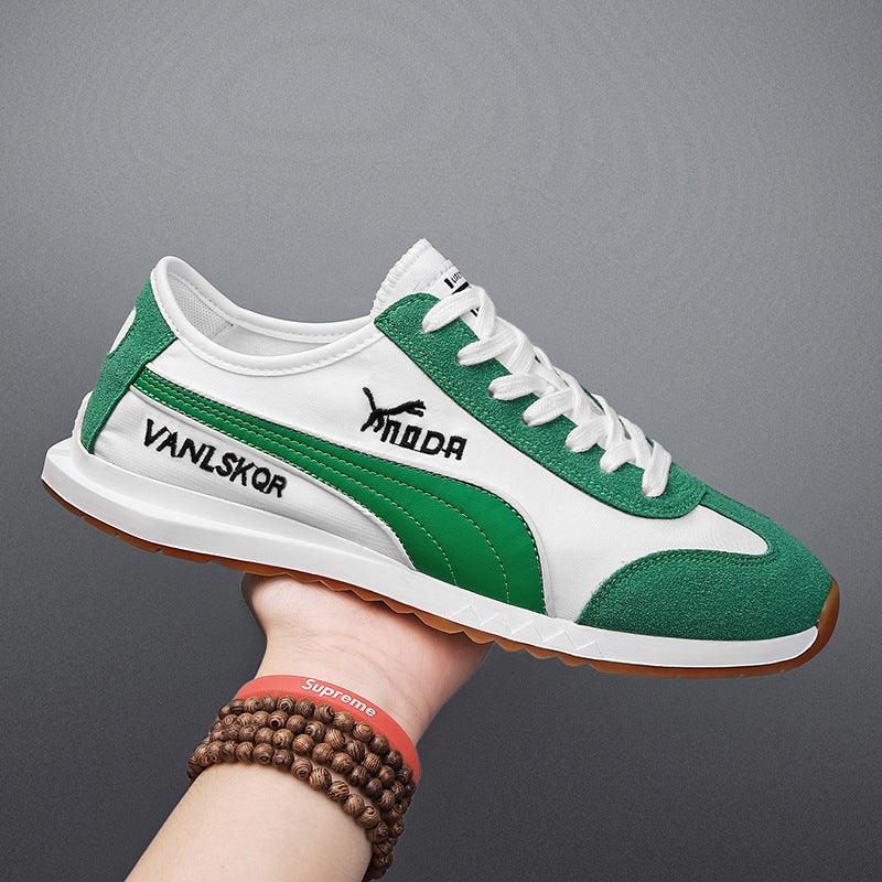 Stevvex white and green sneakers with suede green overlays, lace-up mesh athletic walking shoes on Tampa Home & Garden Store