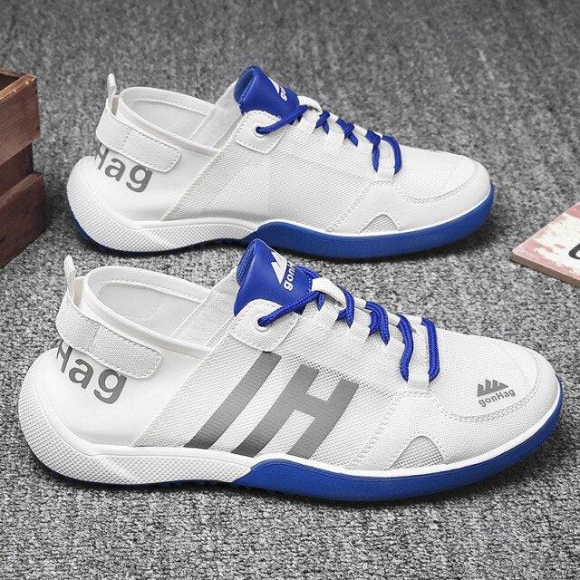 Stevvex sneakers white with blue accents, breathable mesh upper, lightweight casual athletic on Tampa Home & Garden Store
