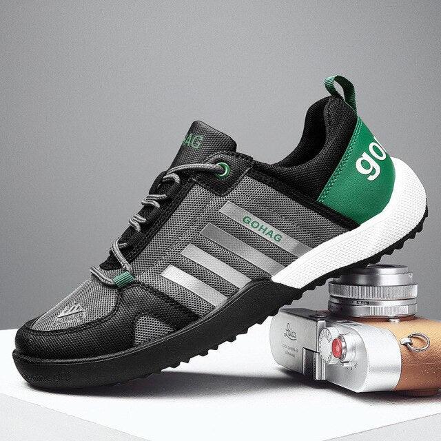 Stevvex lace-up sneakers in gray mesh with black overlays, white midsole, green heel tab on Tampa Home & Garden Store