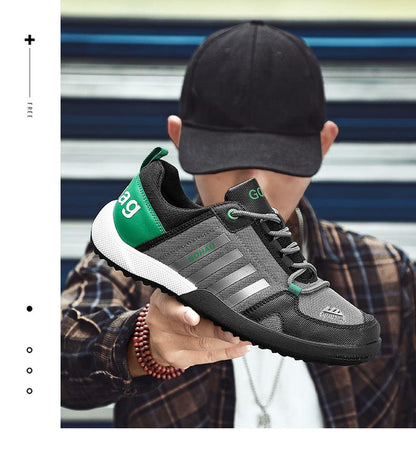 Stevvex men's sneakers grey mesh upper, black sole with green heel panel, breathable lightweight athletic shoes on Tampa Home & Garden Store