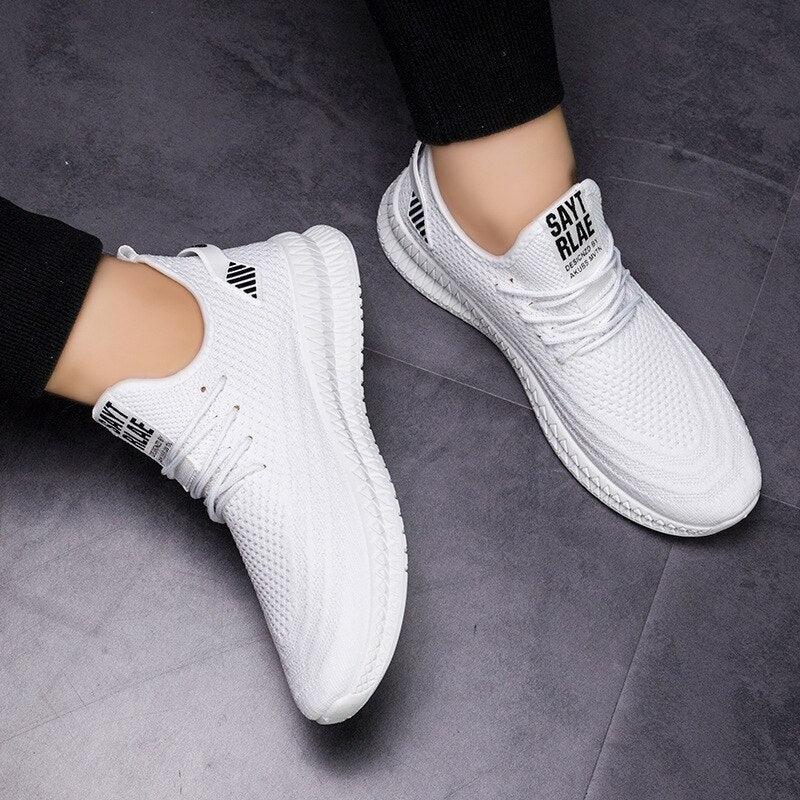 Men's white mesh sneakers, lace-up, lightweight breathable walking runners by Stevvex on Tampa Home & Garden Store