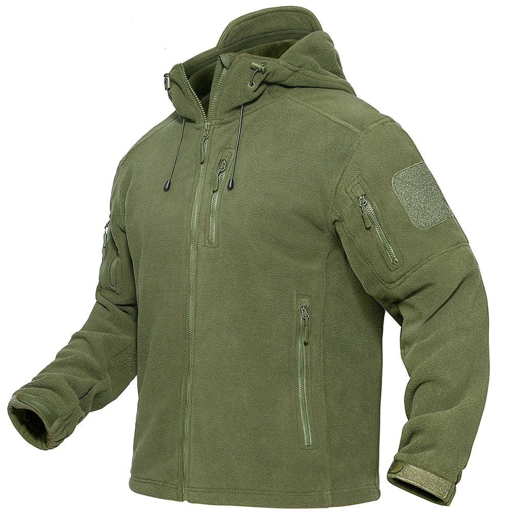Stevvex green fleece jacket with hood, front zip, chest and side pockets, Velcro sleeve patch on Tampa Home & Garden Store