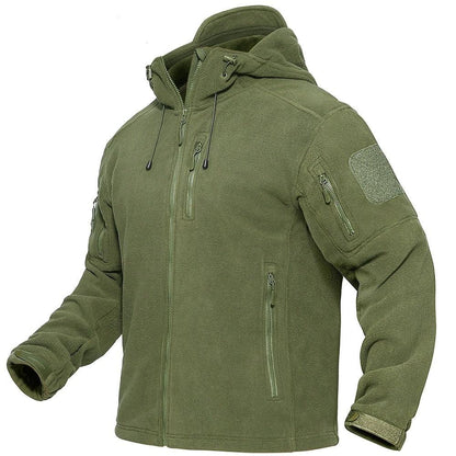 Stevvex green fleece jacket with hood, front zip, chest and side pockets, Velcro sleeve patch on Tampa Home & Garden Store