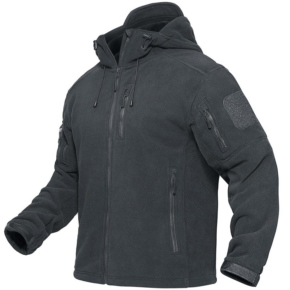 Stevvex men's black fleece windbreaker with hood, zip pockets and arm patch for outdoor use on Tampa Home & Garden Store
