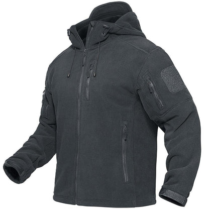 Stevvex men's black fleece windbreaker with hood, zip pockets and arm patch for outdoor use on Tampa Home & Garden Store