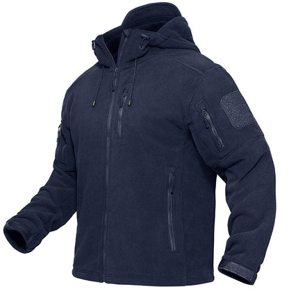 Stevvex men's navy fleece jacket with hood, windproof front zip and multiple zip pockets on Tampa Home & Garden Store