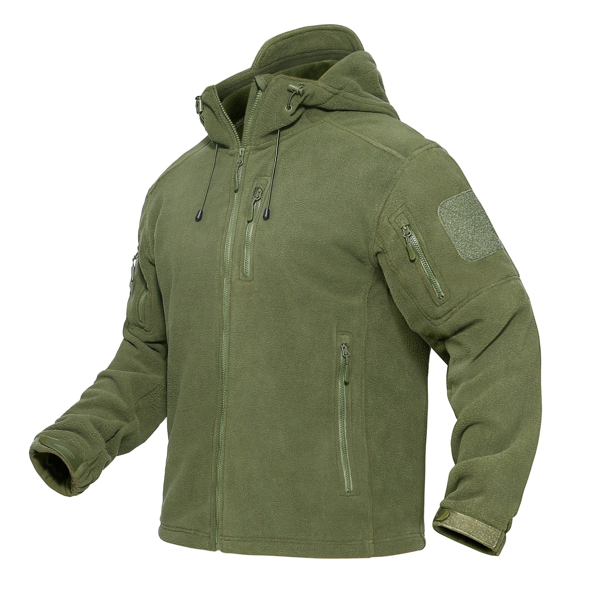 Stevvex olive green hooded fleece jacket with zip front and multiple pockets on Tampa Home & Garden Store