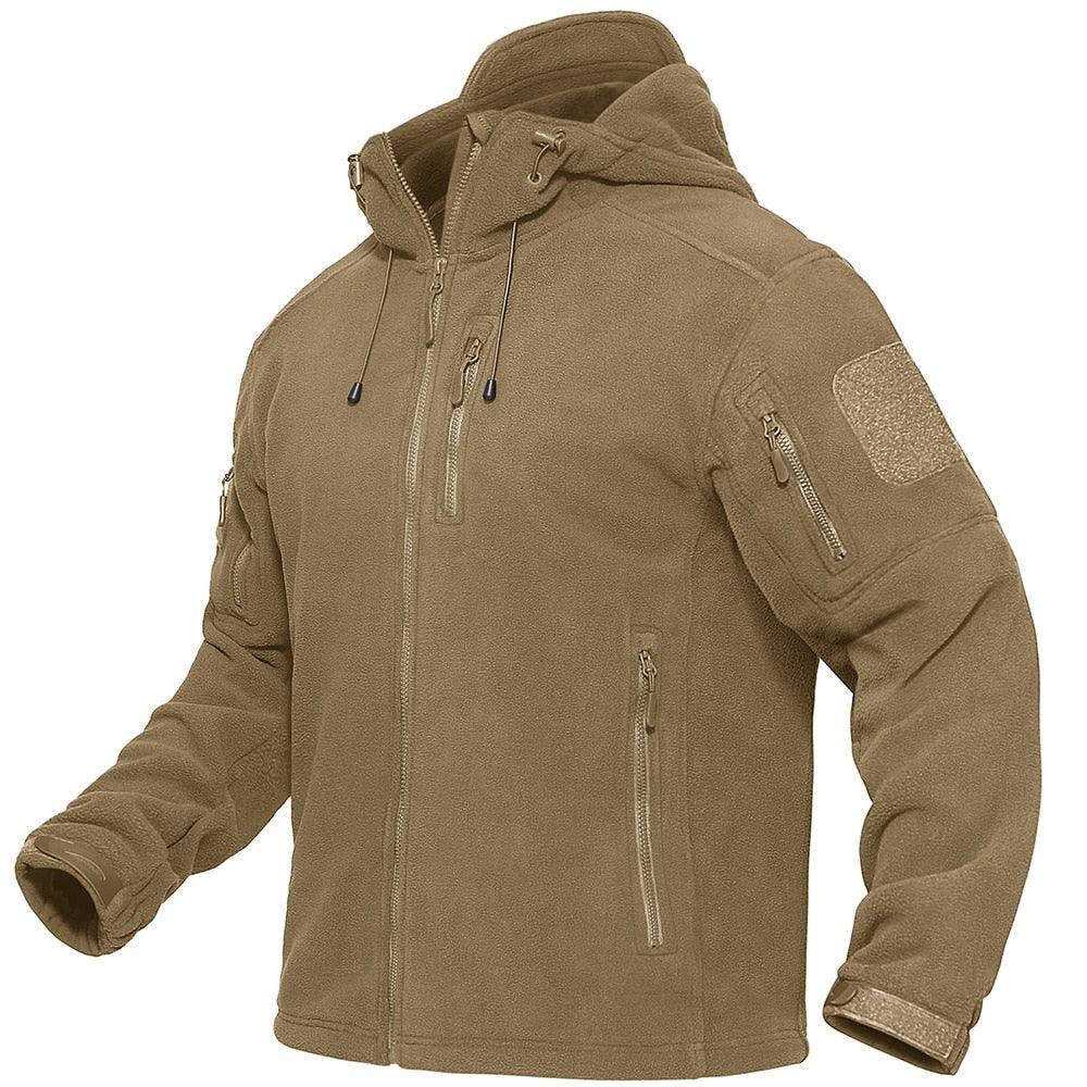 Stevvex mens hooded fleece jacket tan, windproof windbreaker with zip chest and pockets on Tampa Home & Garden Store