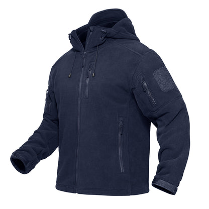 Stevvex navy fleece hooded jacket with zip pockets, windproof, soft textured fabric on Tampa Home & Garden Store