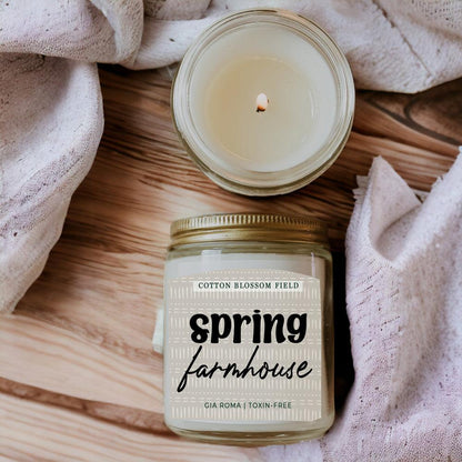Cotton Blossom Candle in a glass jar with gold lid, cream wax, Gia Roma brand on Tampa Home & Garden Store