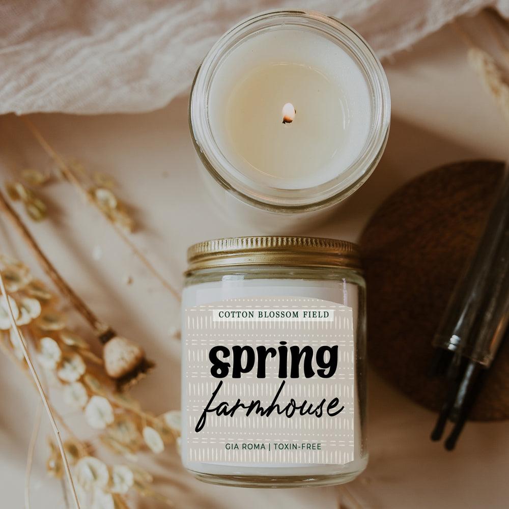 Candle Cotton Blossom by Gia Roma in a clear glass jar with spring farmhouse label on Tampa Home & Garden Store