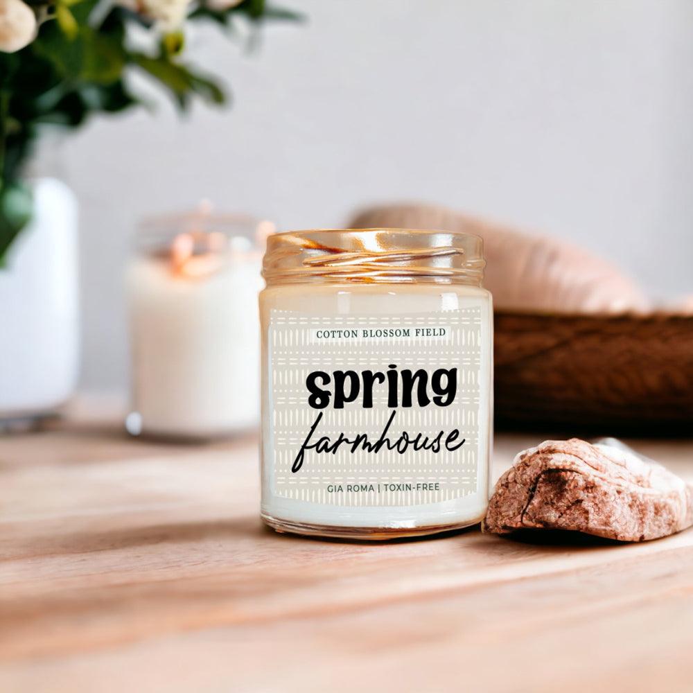 Cotton Blossom Candle by Gia Roma in a glass jar with spring farmhouse label on Tampa Home & Garden Store