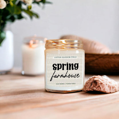 Cotton Blossom Candle by Gia Roma in a glass jar with spring farmhouse label on Tampa Home & Garden Store