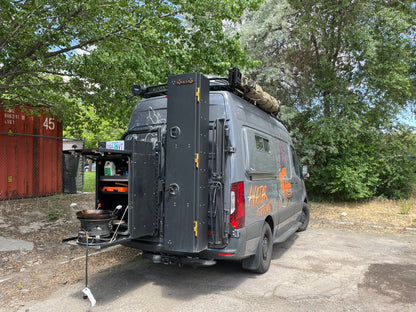 Avatar Massif van rear-door storage mounting system on a gray camper van with roof rack gear on Tampa Home & Garden Store