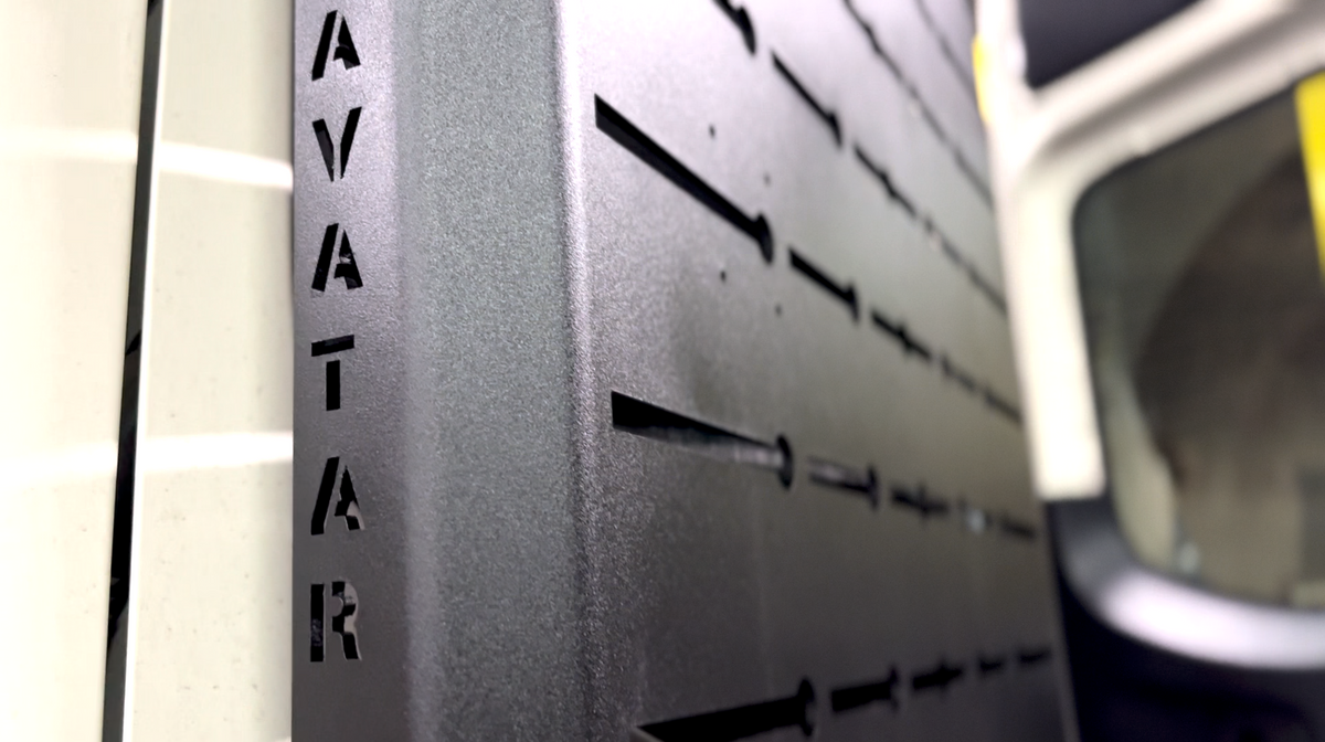 Avatar Sir Packs-a-lot storage mounting rail close-up on gray textured metal with A logos on Tampa Home & Garden Store