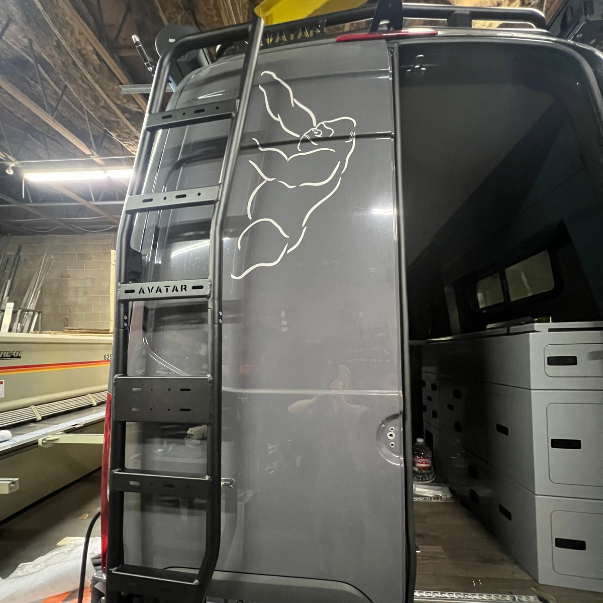 Sprinter Van Rear Ladder by avatar offroad, black steel ladder with wide steps for rear access on Tampa Home & Garden Store