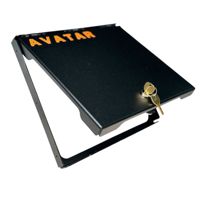 Avatar Ekko under-bed locking storage box in black metal with orange AVATAR and lock on Tampa Home & Garden Store