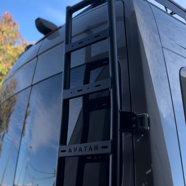 Sprinter van rear ladder by avatar offroad, black steel ladder mounted on rear hatch AVATAR on Tampa Home & Garden Store